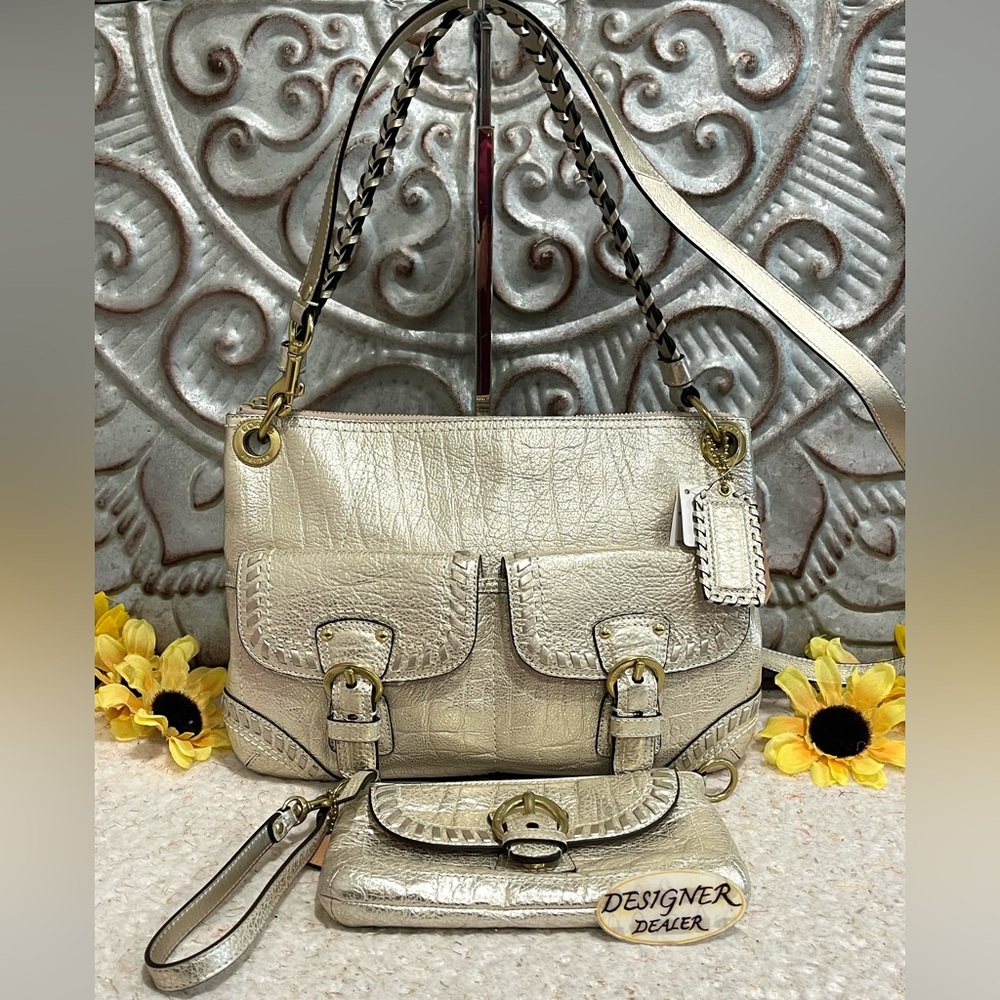 COACH Poppy Metallic Leather Whipstitch Hippie 19014 NWT + Wristlet RARE!